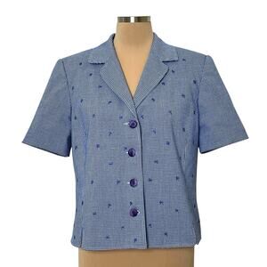 Napa Studio Button Jacket Size 12 Blue Check Embroidered Accents Lined 90s Vtg